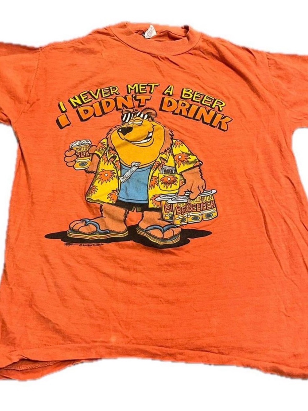 Vintage 80s Men’s Bear “I Never Met A Beer I Didn’t Drink” Orange Shirt Sz M